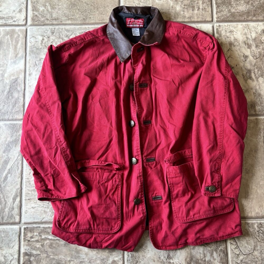 Vintage 90s Marlboro Country Store Red Canvas Chore Jacket Coat Leather Collar